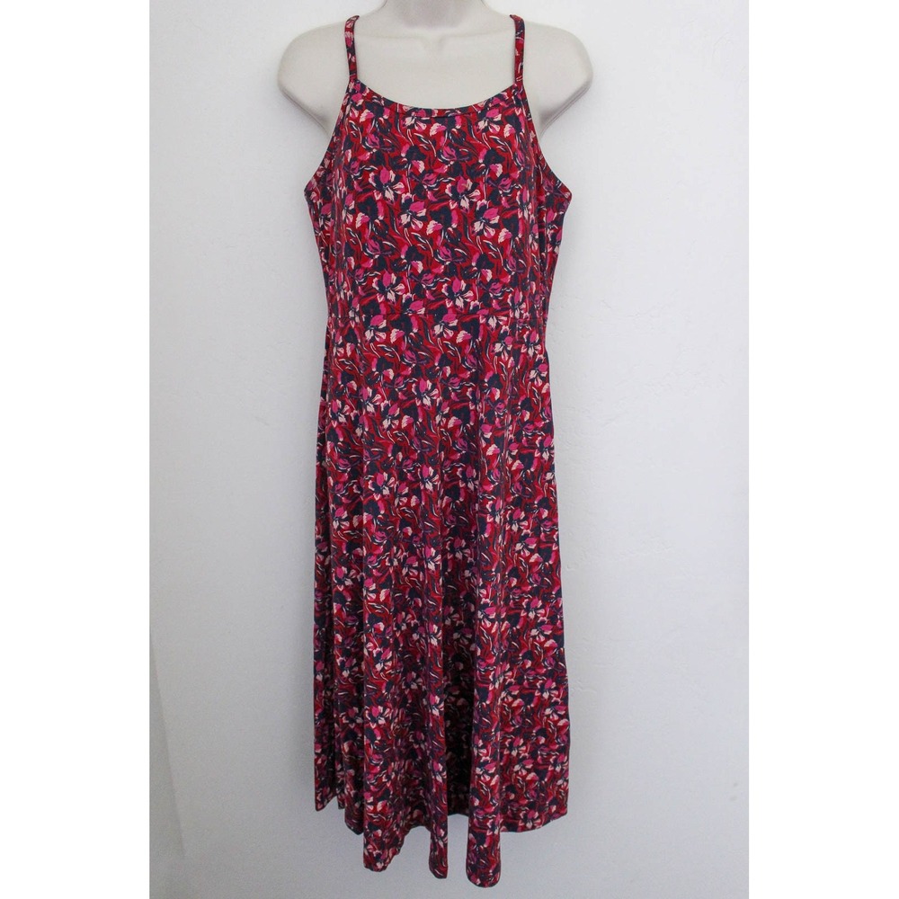 Pact Dress Large Red Floral Pullover Fit Flare Midi Pockets Organic Cotton Sun